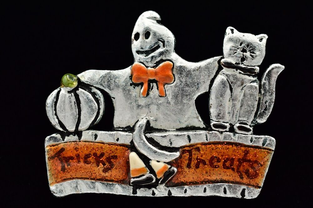 TC Vintage Halloween Pin Brooch Ghost Cat Pumpkin Tricks Treats Signed 90s BinBG